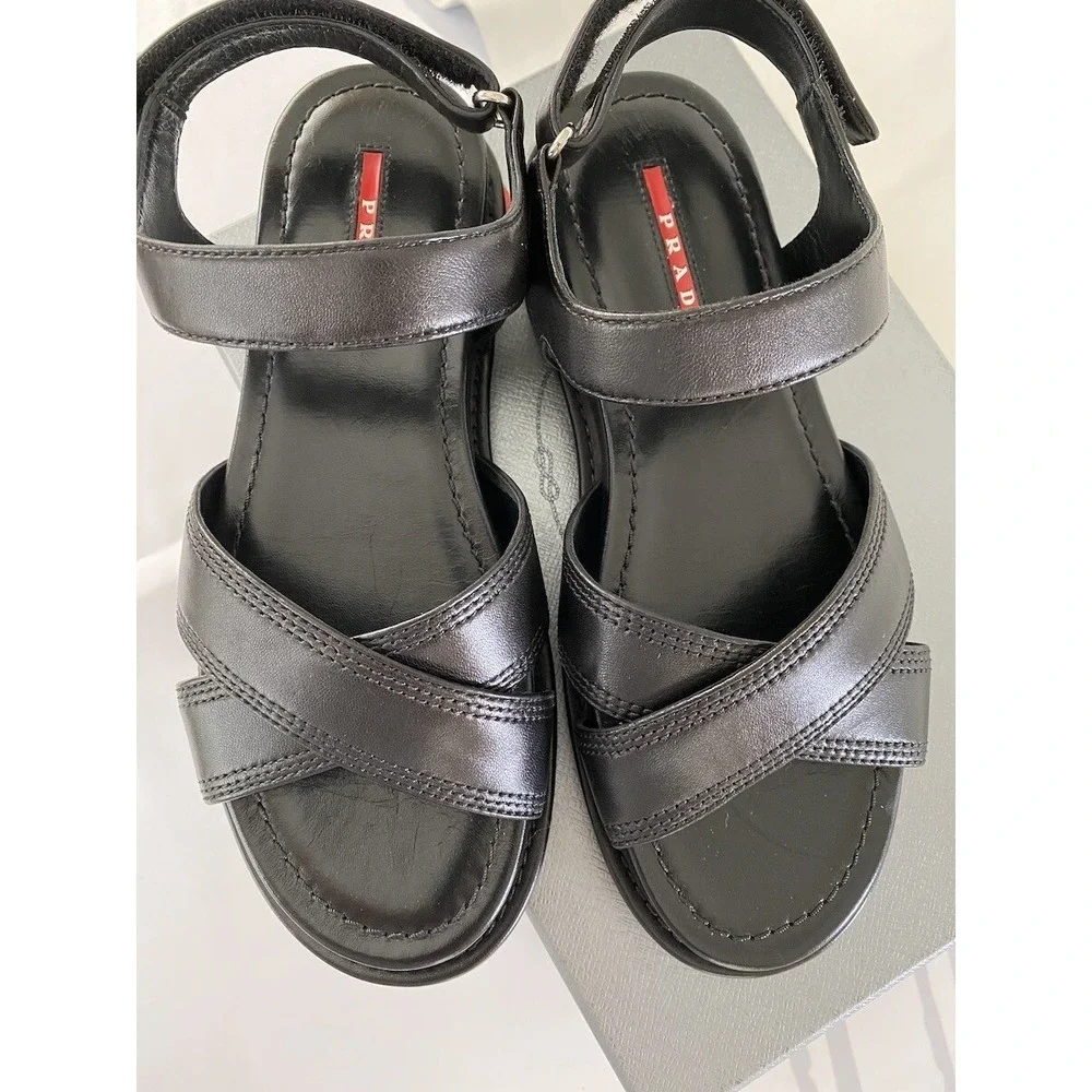 Prada 3X6289‎ Women's BLACK LEATHER STITCHED OPEN TOE FLATS SANDALS, 36.5